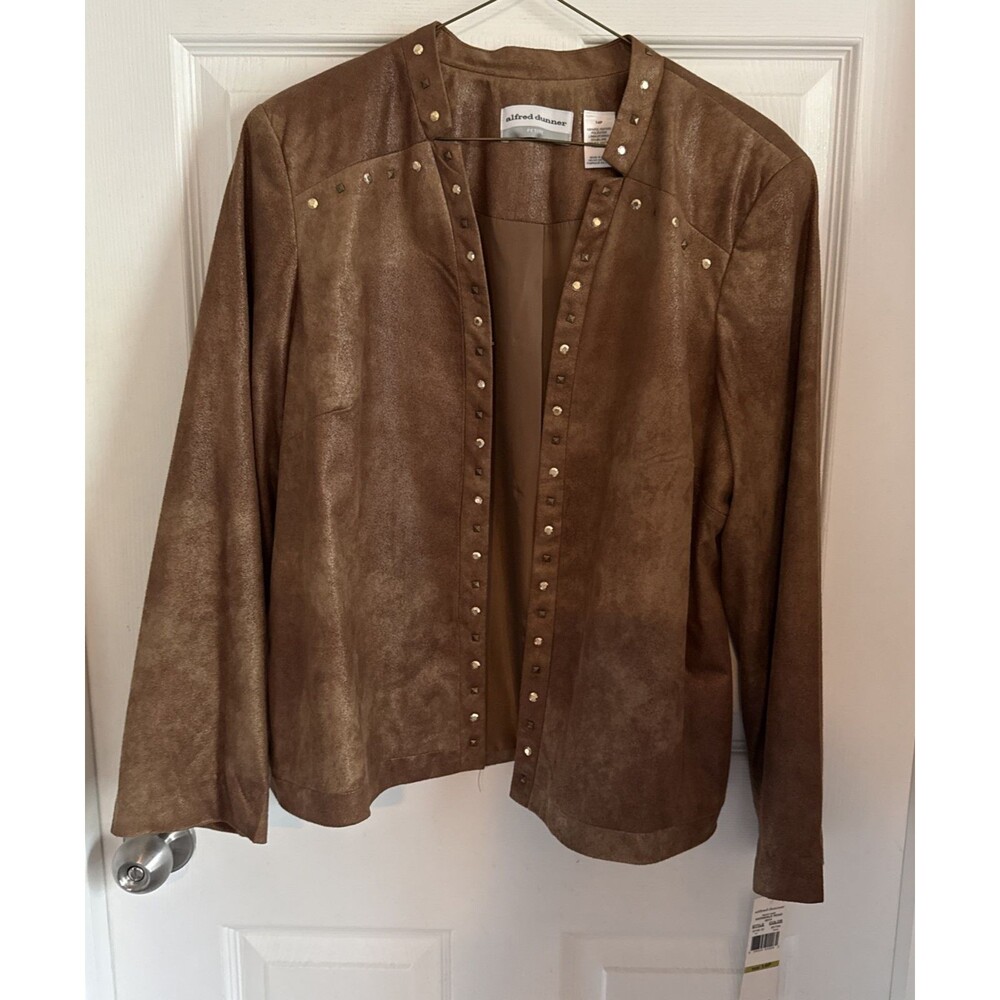 Alfred Dunner Petite Faux Suede Studded Jacket Tan Open Front Size 14P
